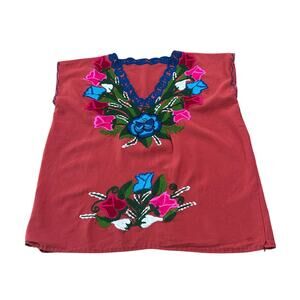 Vintage Mexican Embroidered Floral Huipil Blouse Top Oaxaca Folk Art Boho M -